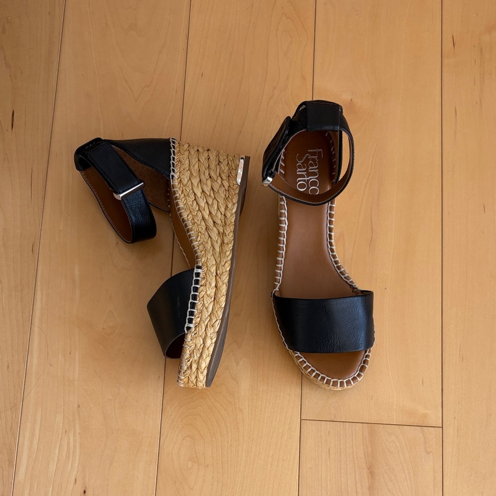 Franco Sarto Black and Tan Espadrille Wedge Sandals
